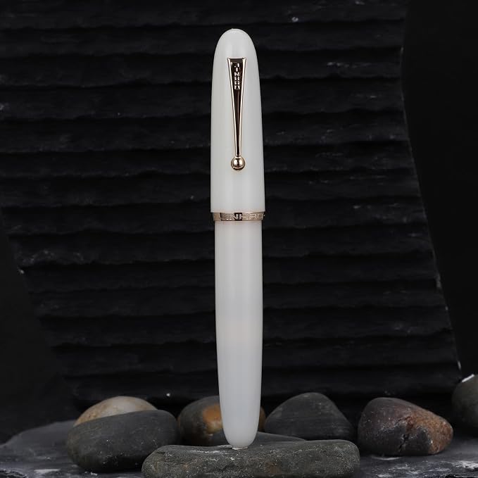 Jinhao 9019 DaDao Series Fountain Pen, Size 8 Medium Heartbeat Nib with Large Ink Converter, Ivory White Acrylic Design Smooth Writing Pen (Gold Trim)