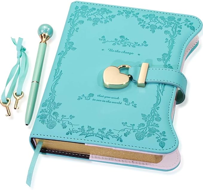 Hoci Poci Diary with Lock and Keys for Girls Gift Ideas, 360 Pages Journal | Elegant Gift Box for Teen Girls, B6 Gold Edged Pages Refillable Notebook with Pen and Bookmark for Writing, Garden Turquoise