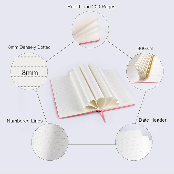 Journal notebook (A5-Lined, Pink Color),192 Pages, Medium 5.7X8.3 inches - 80 gsm Thick Paper, Hardcover