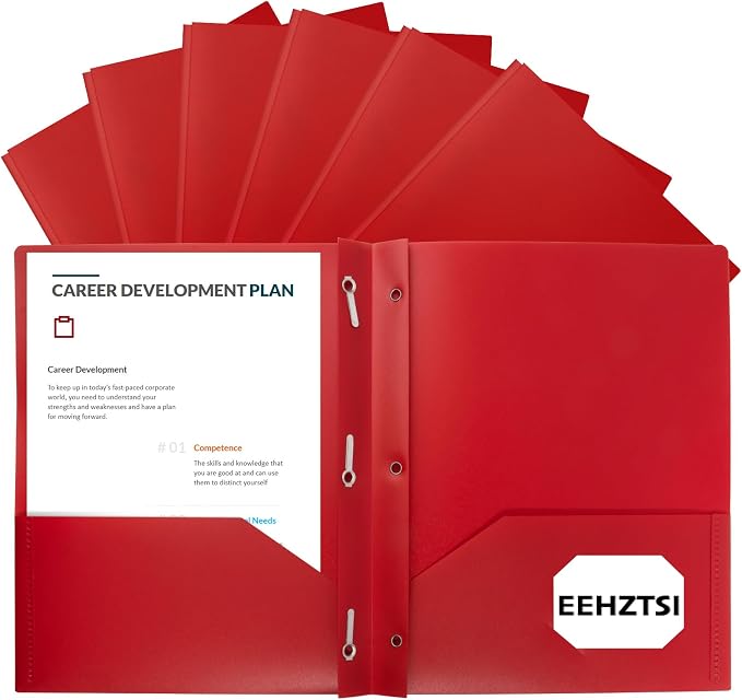 Plastic Folders with Pockets and Prongs,2-Pocket Folders with 3 Fasteners, Holds 8-1/2" x 11" Paper, Pastel Color (Bright Red, 12-Pack)