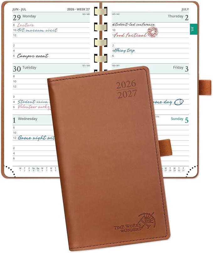 POPRUN Pocket Planner 2026-2027, Small 3.5''x6.5'' Academic Pocket Calendar | Weekly Planner, Purse Calendar Book(July 2026 - June 2027) with Hourly Time Slots, Spiral Soft Cover - Brown