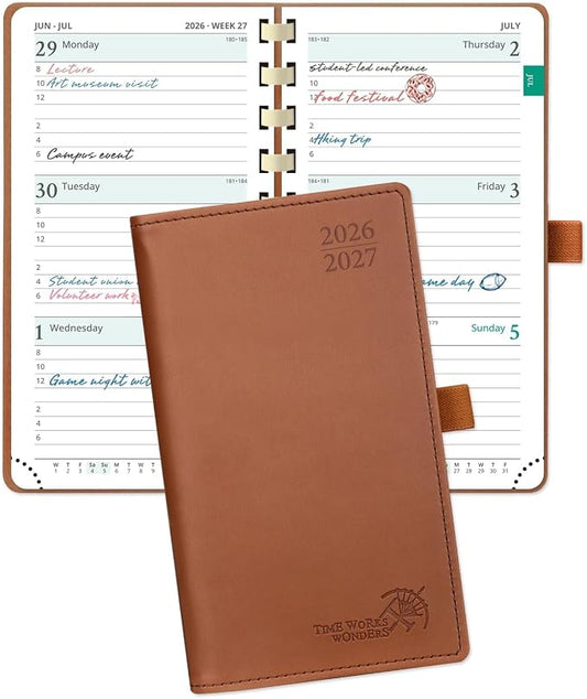 POPRUN Pocket Planner 2026-2027, Small 3.5''x6.5'' Academic Pocket Calendar | Weekly Planner, Purse Calendar Book(July 2026 - June 2027) with Hourly Time Slots, Spiral Soft Cover - Brown