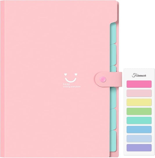 Forvencer Accordion File Organizer, Letter Size, 7 Pocket Expanding File Folder, Cute File Folder with Labels, Portable File Organizer for School Office Supplies, Folders for Documents, Pink