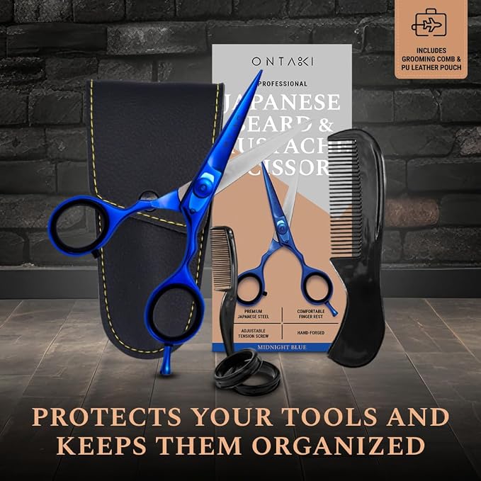 Ontaki Beard & Mustache Scissors - 5.5" Japanese Steel, Midnight Blue | Precision Sharp Blades, Ergonomic Finger Rest & Adjustable Tension Screw for Perfect Trimming - Beard Grooming Scissors