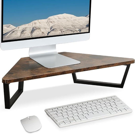 TEAMIX 26 inch Corner Monitor Stand Riser with Keyboard Storage, Espresso | Triangle Monitor Stand, Wood & Metal Computer Stand, Laptop Riser, Desktop Organizer, for L Shaped Desk, Home Office & Gaming