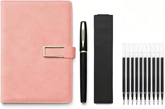 CRME A5 Hardcover Notebook Set,Lined Writing Journal with Magnetic Clasp,Pen and 10 Refills for Planning Study and Daily Use,Pink