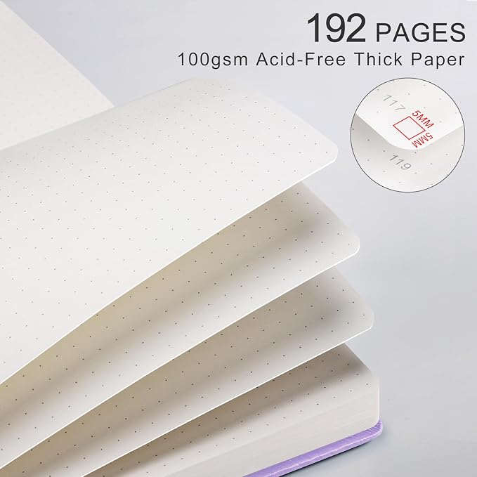 Dotted Journal Notebook for Women Men, 192 Pages, A5 (5.7'' x 8.3'') | Hardcover Leather Notebook with 100GSM Thick Paper for Traveling, Journaling, Planning, Tracking (Light Purple)