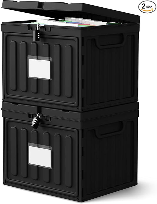 Oterri Lockable Plastic File Box with Lid for Letter-Size | Hanging File Folders Not Included. Black, Large 1-Pack. Home, Office, Classroom, Dorm, Tax, Under Bed, Filing Cabinet.