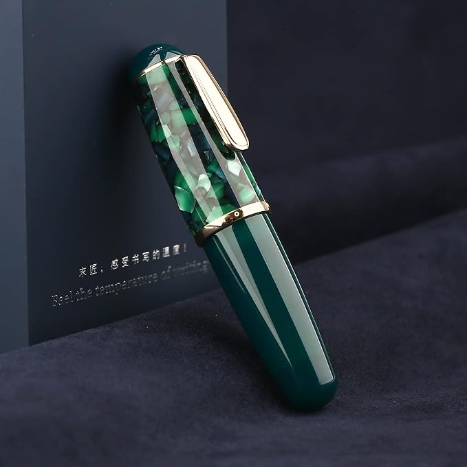 Lanxivi Majohn Q1 Fountain Pen Fine Point Green Marble, Little Fat Man Eyedropper Filling Pocket Pen Large Capacity