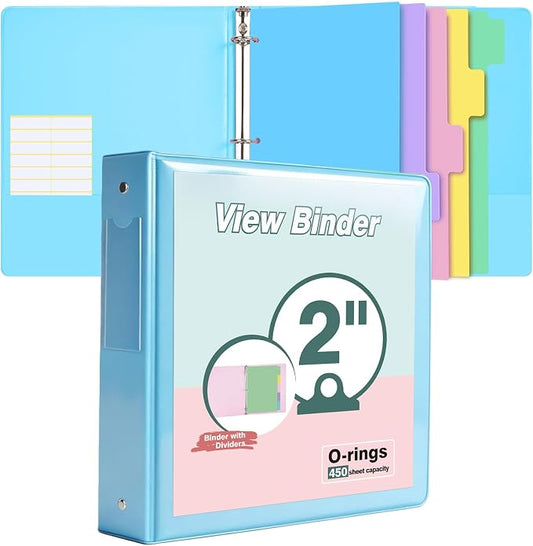 3 Ring Binder 2 inch，Cute Binder Organizer with 5 Tab Dividers Fits 175 Sheets of 8.5x11 Paper, Customizable Clear Cover with Inside Pockets, Aesthetic 2" Three Ring Binders for School Office，Blue