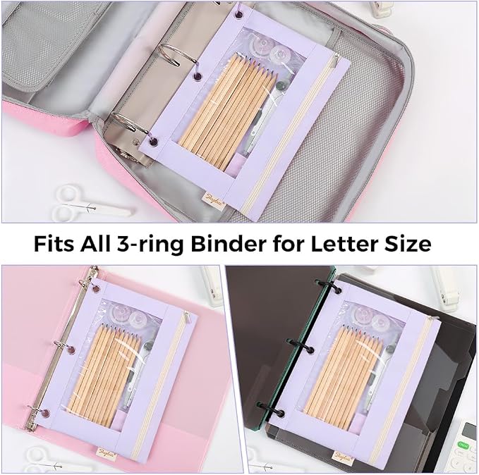SKYDUE Pencil Pouch for 3 Ring Binder, Zipper Pencil Pouches for Girls Boys, Clear Window Pencil Bag, 3 Ring Pencil Pouch Case for Binder, Durable Organizer for School Supplies