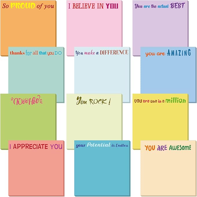 Yinder 12 Pcs Inspirational Sticky Notes, Back to School Supplies, Cute Motivational Sticky Notes Pad Employee Appreciation Gifts Bulk for Teacher Coworker Office 3 x 3'' (Appreciation,Simple Color)