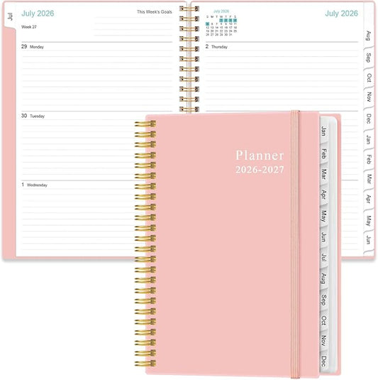 2026-2027 Planner - Planner 2026-2027 from July 2026 - June 2027, Weekly & Monthly Planner Spiral Bound with 12 Monthly Tabs, Inner Pocket, 6.4" x 8.5", Pink-E