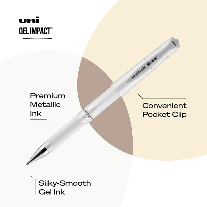uniball Signo Gel Impact Pens, Bold Point (1.0mm), White Metallic Ink, 3 Pack