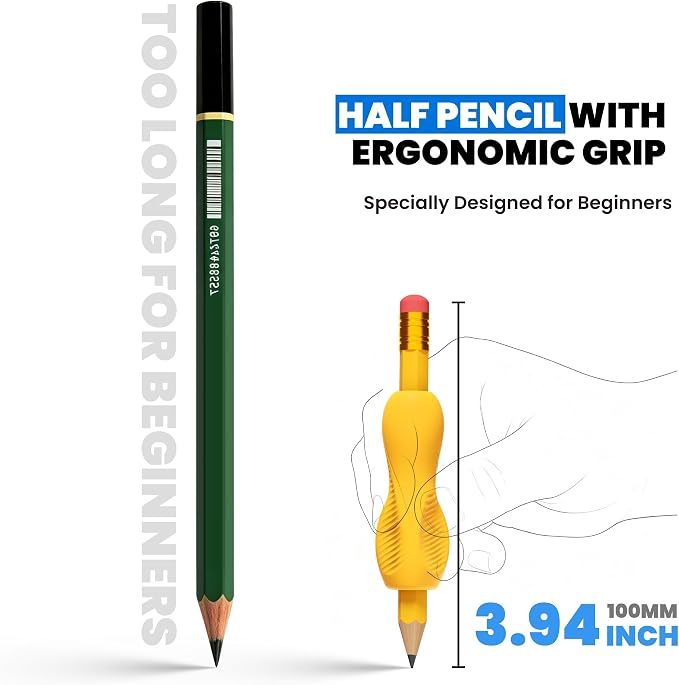 ELETIUO EASY GRIP STARTER 16-Pack Short Wooden Pencil for Kids,3.94" HB Yellow Pencils with Grips & Erasers,6 Pre-Assisted+10 Refills,Triangular Anti-Slip Corrective Training Pencils for Preschoolers