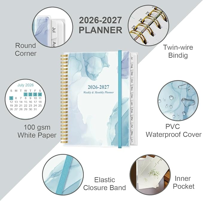 2026-2027 Planner - Planner 2026-2027 from July 2026 - June 2027 with 12 Monthly Tabs, Flexible Cover, Inner Pocket, 8.5" x 11", Blue Watercolor