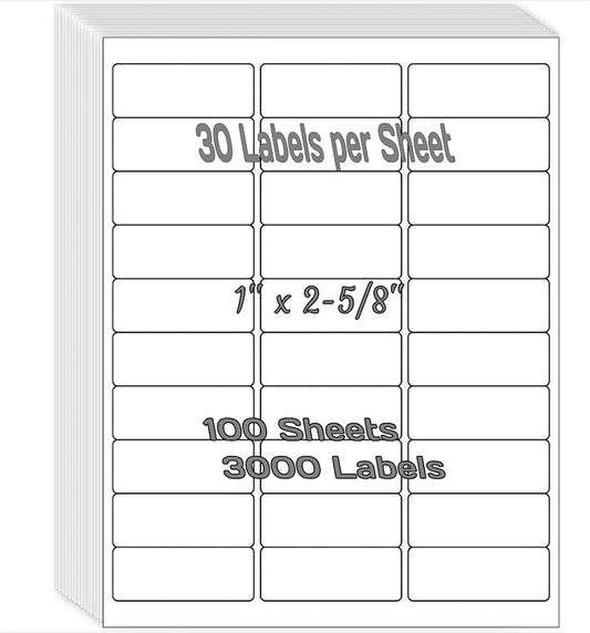 1" x 2-5/8" Shipping Address Labels 3000 Label Stickers Paper for Laser/Inkjet Printer 30 per Page Printable Mailing Labels - Matte, 100 Sheets