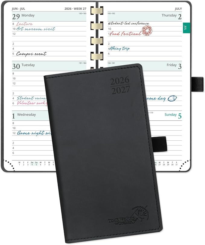 POPRUN Pocket Planner 2026-2027, Small 3.5''x6.5'' Academic Pocket Calendar | Weekly Planner, Purse Calendar Book(July 2026 - June 2027) with Hourly Time Slots, Spiral Soft Cover - Black