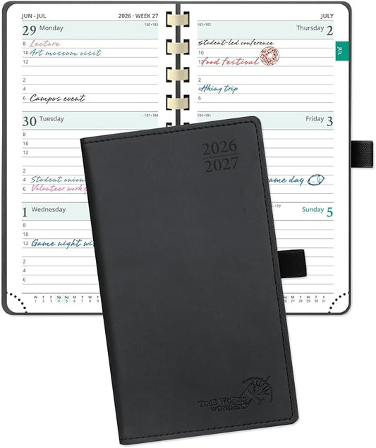 POPRUN Pocket Planner 2026-2027, Small 3.5''x6.5'' Academic Pocket Calendar | Weekly Planner, Purse Calendar Book(July 2026 - June 2027) with Hourly Time Slots, Spiral Soft Cover - Black