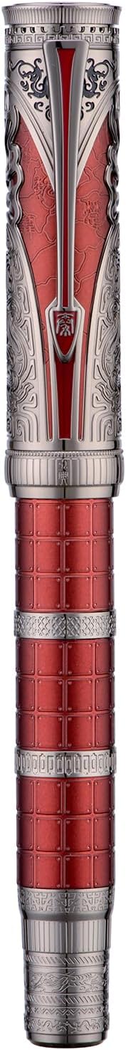 Hongdian D5X Fountain Pen Red Color Extra Fine Nib, Qin Dynasty Retro Chinese Totem Engraving Smooth Writing Pen with Converter and Pen Box Set
