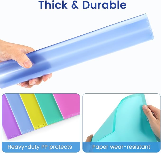 Sooez 50 Pack Clear Document Folder Project Pockets, Clear Plastic Folders Letter Size Plastic Document Folders Paper Poly Jacket Sleeves Folders Copy, 5 Assorted Colors