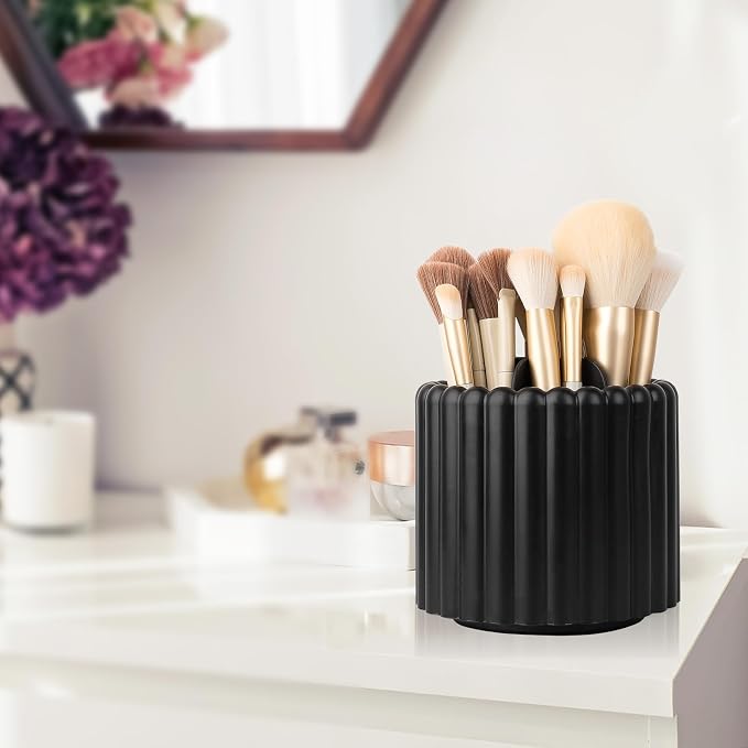 Rotating Makeup Brush Holder Organizer with Removable Dividers, Black | 7 Slots Make Up Brush Organizer 360 Spinning Cosmetic Storage Pen Holder for Desk, Vanity, Dresser