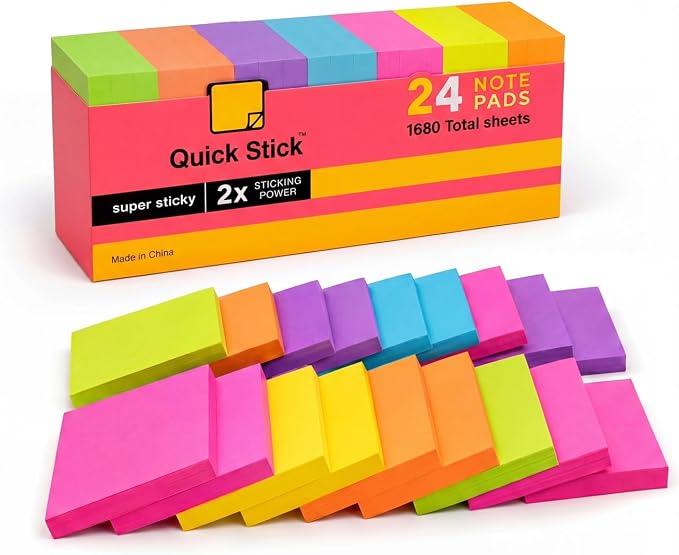 Sticky Notes, 24 Pads, 1680 Sheets Total, 3x3 in Bright Neon Colors, 2X Super Sticky Self-Stick Note Pads for Office, School, Home, Bulk Pack 70 Sheets Per Pad, Strong Hold Memo Notes (48)