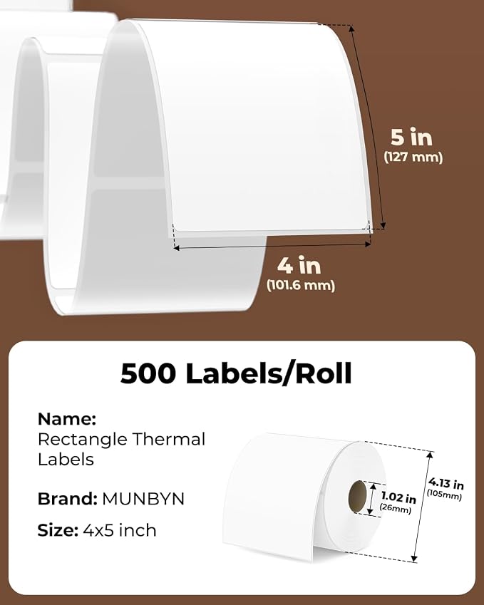 MUNBYN 4x5 Thermal Labels, 500 Sheets/1 Roll, White | Strong Adhesive & Perforated, Non BPA&BPS for Shipping, Postage, Bakery, Price Tag