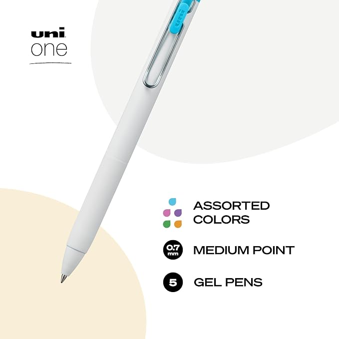 uniball™ one Gel Pens, Medium Point (0.7mm), Assorted Ink, 5 Pack | Ink stays on top of paper fibers for crisp vivid lines, wire pocket clip, color indicator top, smooth barrel & rubber grip