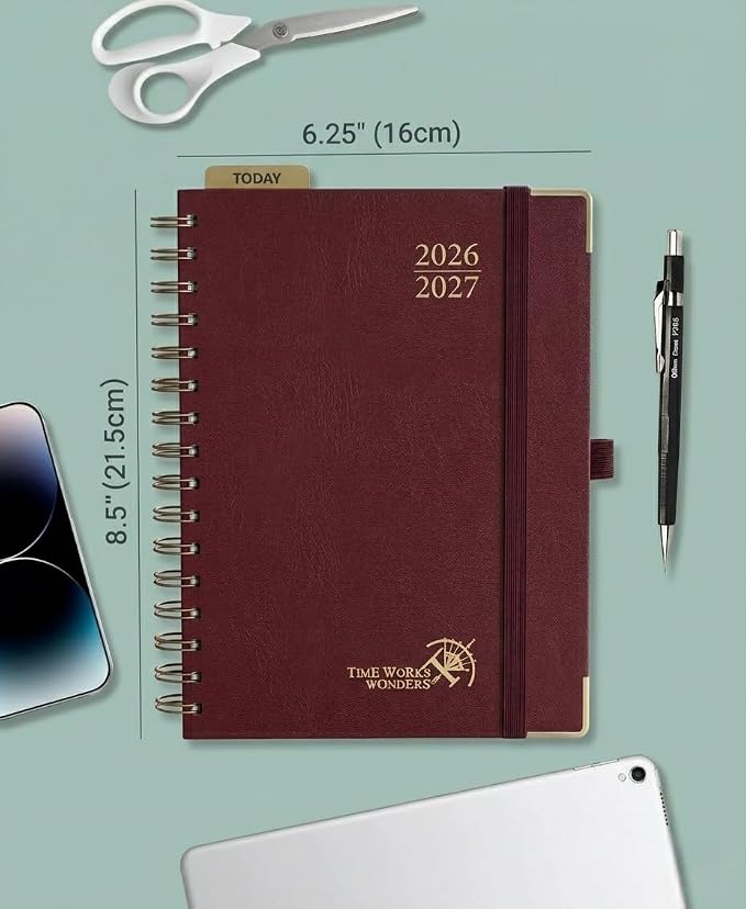 POPRUN 2026-2027 Weekly Planner 6.25" x 8.5" Weekly and Monthly Planner | Jul 2026 - Jun 2027 Daily Agenda Book with Hourly Schedule, Tabs, Hardcover, School and Office Supplies - Burgundy