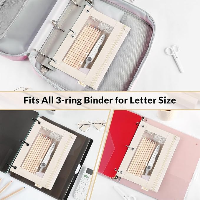 SKYDUE Pencil Pouch for 3 Ring Binder, 3 Ring Zipper Pencil Case with Clear Window, Large Binder Pencil Pouch with Grommets, Three Hole Pencil Holder for School, Pink & Purple (2 Pack)