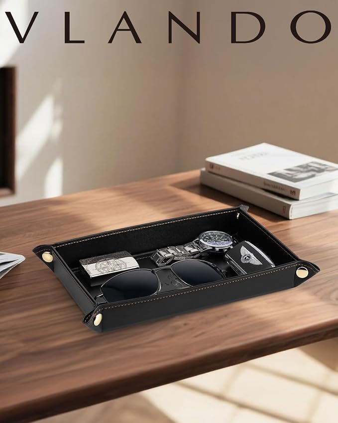 VLANDO Valet Tray for Men, Foldable PU Leather Catchall Tray, Black | Travel Valet Tray for Keys, Wallet, Watch, Phone and Glasses, Nightstand Dresser Desk Entryway Organizer for Men and Women