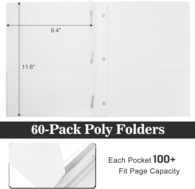 60-Pack Plastic Folders with Pockets and Prongs, 2-Pocket Poly Folders with 3 Fasteners Holds 8-1/2" x 11" Paper for School/Office/Home, White