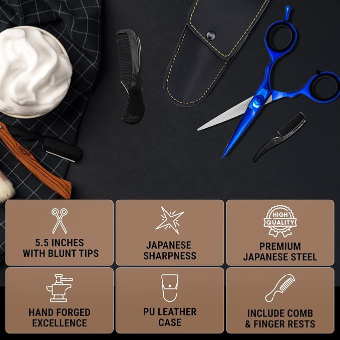 Ontaki Beard & Mustache Scissors - 5.5" Japanese Steel, Midnight Blue | Precision Sharp Blades, Ergonomic Finger Rest & Adjustable Tension Screw for Perfect Trimming - Beard Grooming Scissors