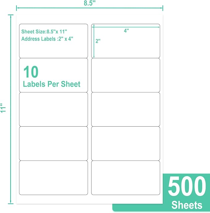 L LIKED 2" x 4" Label Stickers, Printable White 500 Sheets for Laser/Inkjet Printing - Matte White, 10 per Sheets (5000 PCS Labels)