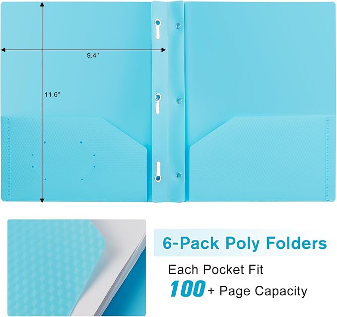 6-Pack Plastic andPockets and Prongs,2-Pocket and3 Fasteners, Pastel Folders Holds 8-1/2" x 11" Paper for School/Office/Home, Blue