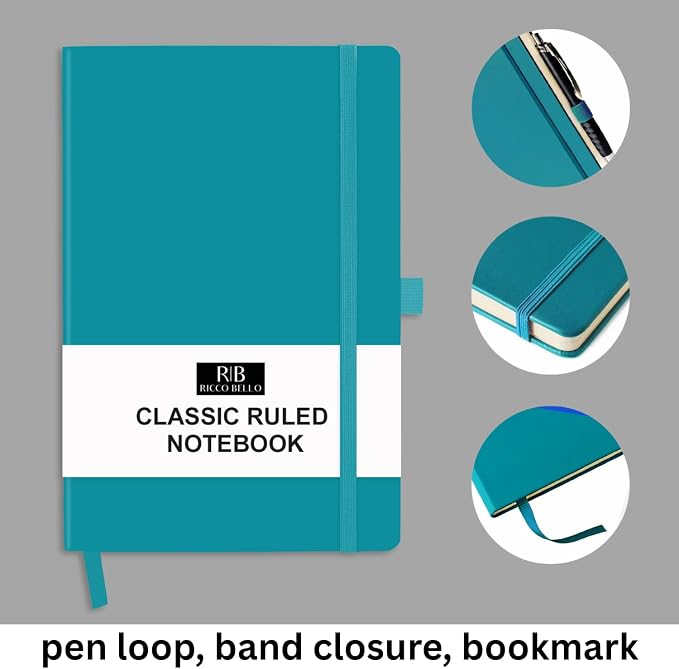 RICCO BELLO Lined Journal Notebook, Teal, 5.7 x 8.4-Inches | Faux Leather Hardcover, Pen Holder, College Ruled, 96 Sheets / 192 Pages, For Work & Notes