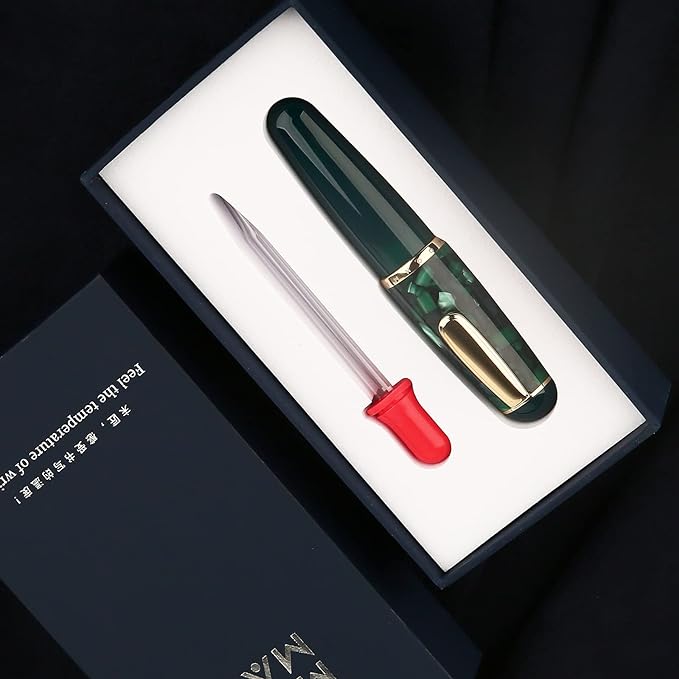 Lanxivi Majohn Q1 Fountain Pen Fine Point Green Marble, Little Fat Man Eyedropper Filling Pocket Pen Large Capacity