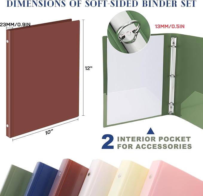 Fulmoon 6 Pack Plastic 3 Ring Binder Assorted Colors Economy Flexible Round Ring Presentation Binders with Pocket for Office School Meeting(0.5 Inch,Morandi Colors)