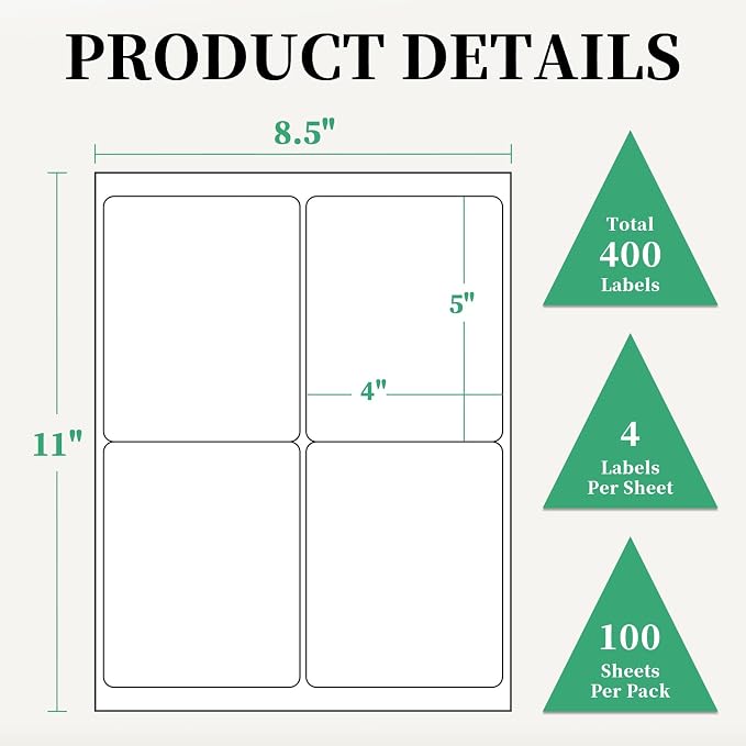 400 Labels 4-Up 4" x 5'' Shipping Address Barcode Labels for Laser & Inkjet Printers, 100 Sheets, White, Permanent Adhesive, BIAlabel