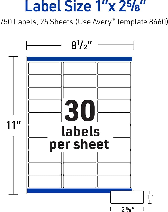 Avery Printable Address Labels with Sure Feed Technology, 1" x 2-5/8", Matte Clear, Compatible with Inkjet Printers, 750 Blank Labels per Pack, Great for Mailing, Branding, and More (5-Pack of 8660)