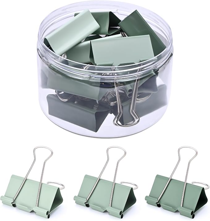 Temiary Aesthetic Binder Clips, Large Metal Binder Clip with Clear Storage Container, Binding Paperwork Clamps for School Teachers Office Supplies (Green 2 Inch, 12P)