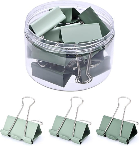 Temiary Aesthetic Binder Clips, Large Metal Binder Clip with Clear Storage Container, Binding Paperwork Clamps for School Teachers Office Supplies (Green 2 Inch, 12P)