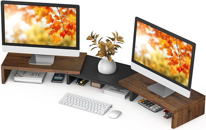 TAVR Dual Monitor Stand Riser, Wooden Computer Monitor Stand for 2 Monitors | Extra Long Multifunctional Desktop Organizer Riser for TV, PC Monitor, Laptop, Printer, Max 43.3" Length, Rustic Brown