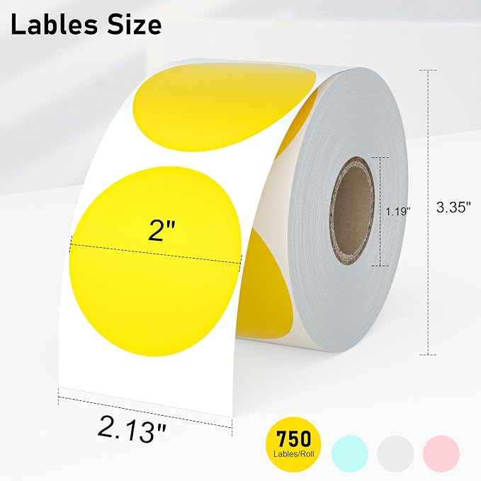 Circle Direct Thermal Labels, Thermal Printer Labels for Name Tag, DIY, QR Code, Self-Adhesive Address Stickers, Bright Yellow Sticker Labels Compatible with Zebra, Rollo, MUNBYN,(750 Labels/1 Roll)