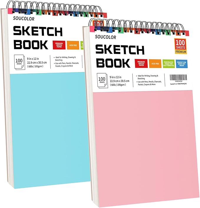 Soucolor 9x12 Sketch Book 2-Pack, 100 Sheets, Acid-Free Drawing Pads | Yop spiral-bound sketchbooks with 68lb acid-free paper,micro-perforated pages,& flat-lay design, great for kids and beginners