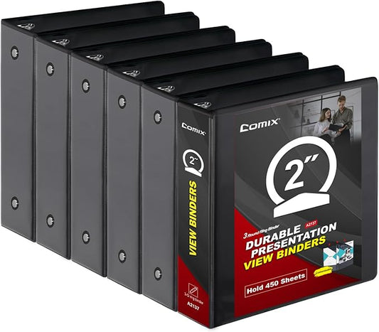 COMIX Sturdy 3 Ring Binder 2 inch with Clear View Cover, 2" Round Ring View Binder, PVC-Free, 450 Sheets Capacity of US Letter Size Paper, Office ＆ School Supplies, Pack of 6 (Black)