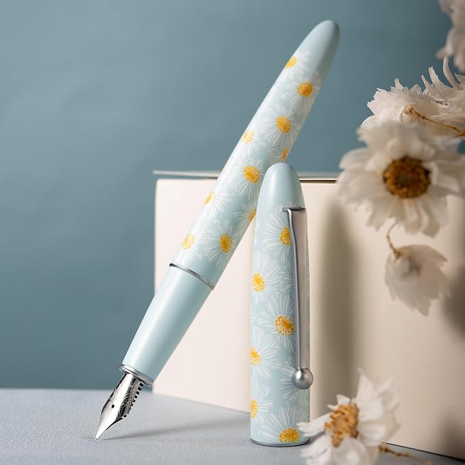 HONG DIAN C3 Fountain Pen, Iridium Extra Fine Soft Nib Chinese Knot Carving, Light Blue & Little Daisy Painting Design with Metal Box Set