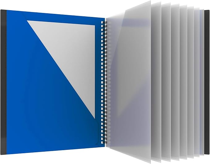 Oxford 10 Pocket Folder, Plastic Spiral Portfolio, for School and Office, Multi-Pocket Organizer, Anti-Tear Edges, 8 Clear Pockets, 2 Diagonal Interior Pockets, Letter Size, Blue (89331)