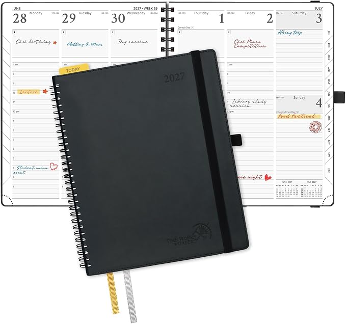 POPRUN 2027 Planner, 8.5'' x 10.5'', Weekly and Monthly Daily Calendar Book | 2027 Agenda(Jan - Dec) Appointment Book with Hourly Time Slots, Monthly Tabs, 100GSM, Spiral Leather Cover - Black